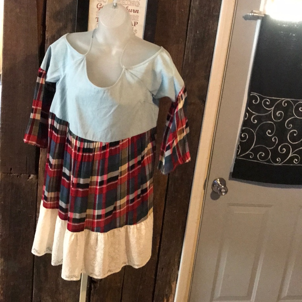 Umgee cold shoulder denim & plaid tunic/dress